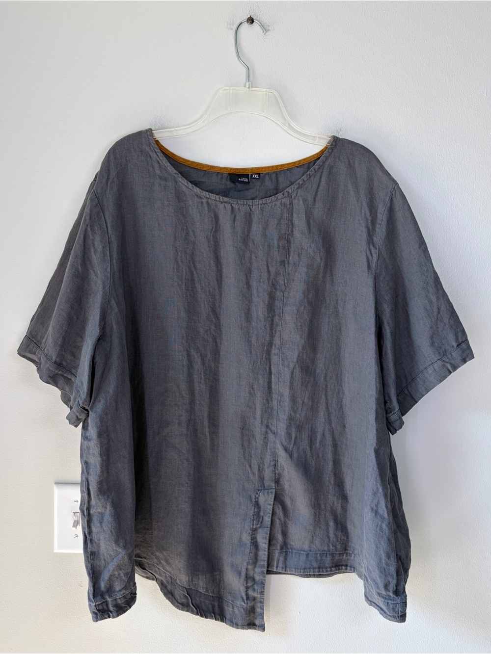 Lisa Bayne Gray Asymmetrical Linen Split-Hem Blouse Lagenlook Rustic Boxy